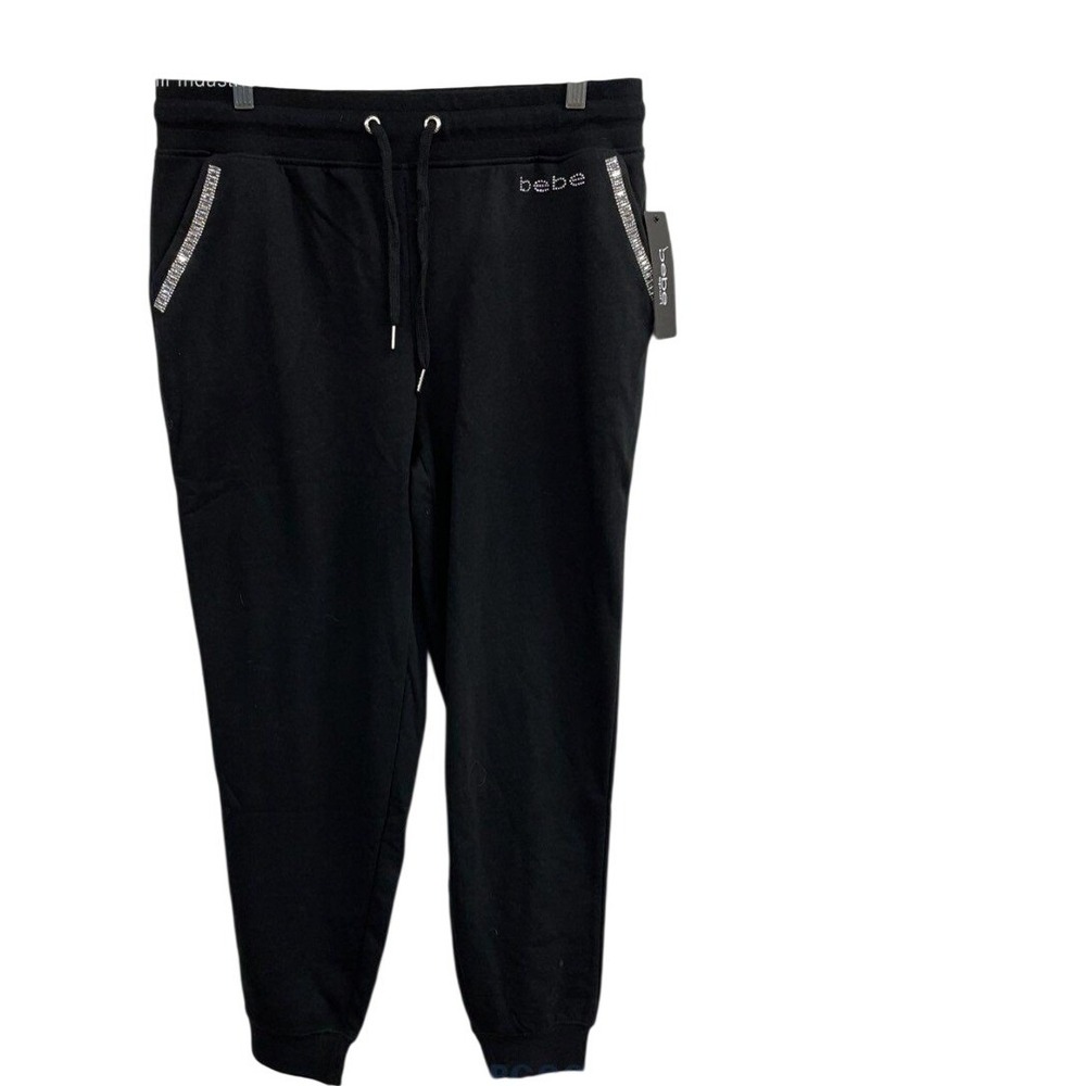 Bebe Sport Black Rhinestone Trim Joggers Cotton Blend Fleece Pants XL NWT